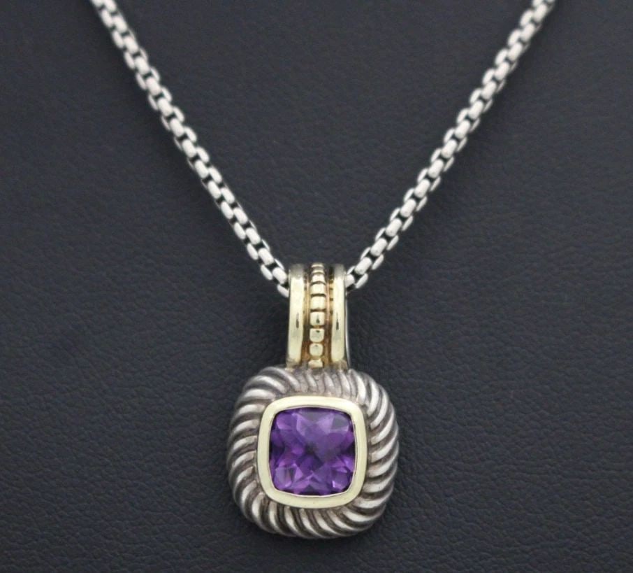 DAVID YURMAN STERLING SILVER & 14K AMETHYST ALBION PENDANT W / 16" NECKLACE: DAVID YURMAN STERLING SILVER & 14K AMETHYST ALBION PENDANT W / 16" NECKLACE Description David Yurman Sterling Silver & 14K Amethyst Albion Pendant w / 16" Necklace Pendant/necklace is in good conditio