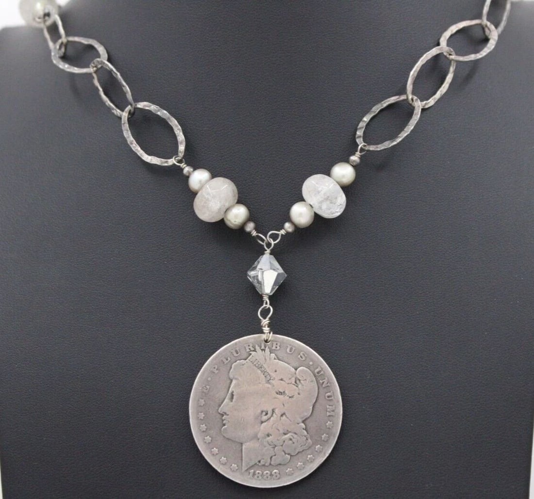 US 1888 MORGAN DOLLAR 90% SILVER COIN 925 STERLING CHAIN BEADED 42" NECKLACE (1 of 2)
