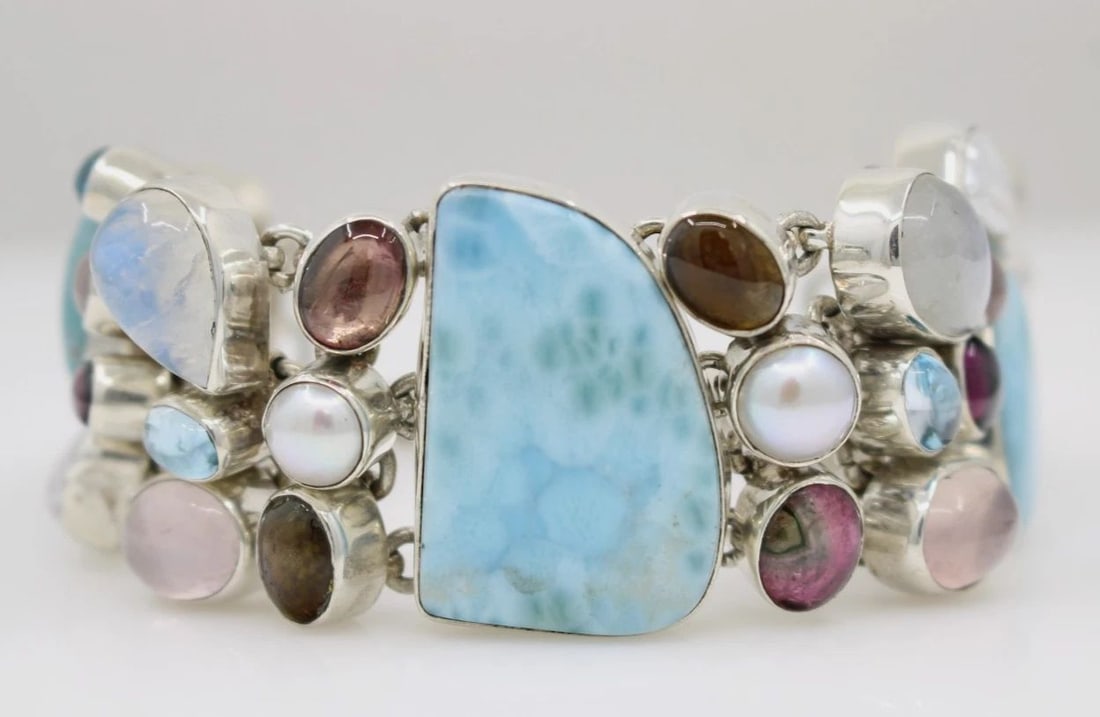DESIGNER SJ STERLING SILVER LARIMAR, TOPAZ, AMETHYST TOGGLE BRACELET 8" - 83.8 G (1 of 2)