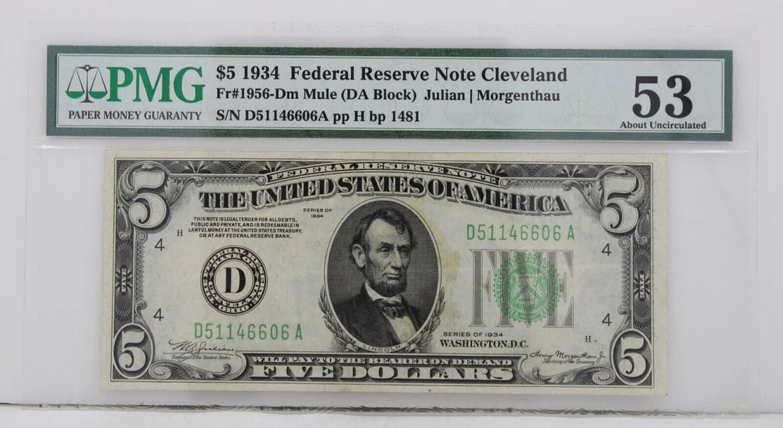 $5 1934 FEDERAL RESERVE NOTE 53 ABOUT UNCIRCULATED S/N D51146606A PP H BP 1481: $5 1934 FEDERAL RESERVE NOTE 53 ABOUT UNCIRCULATED S/N D51146606A PP H BP 1481 $5 1934 FEDERAL RESERVE NOTE 53 ABOUT UNCIRCULATED S/N D51146606A PP H BP 1481 Description $5 1934 Federal Reserve Note C