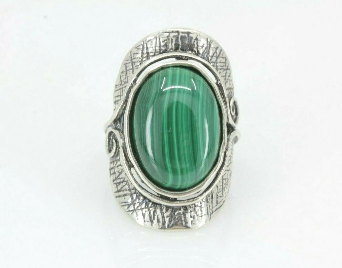 925 STERLING SILVER SHABLOOL ISRAEL MALACHITE COCKTAIL RING SIZE 6.5 ~ 8.6 GRAMS: 925 STERLING SILVER SHABLOOL ISRAEL MALACHITE COCKTAIL RING SIZE 6.5 ~ 8.6 GRAMS Description 925 Sterling Silver Shablool Israel Malachite Cocktail Ring Item is in great condition. May show signs of w