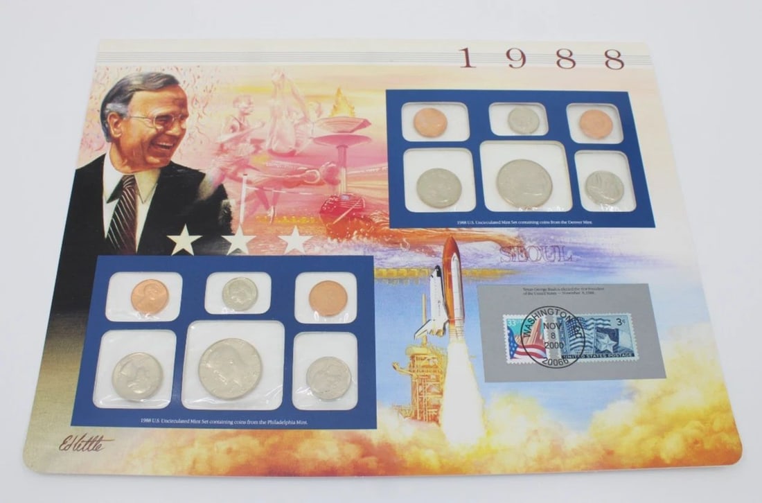 1988 P/D US MINT UNCIRCULATED SET POSTAL COMMEMORATIVE SOCIETY COINS & STAMPS (1 of 2)