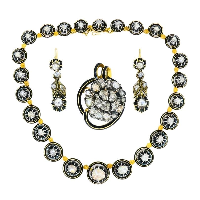 GEORGIAN PARURE SET GOLD SILVER ROSE CUT DIAMOND NECKLACE EARRINGS BROOCH (1 of 2)