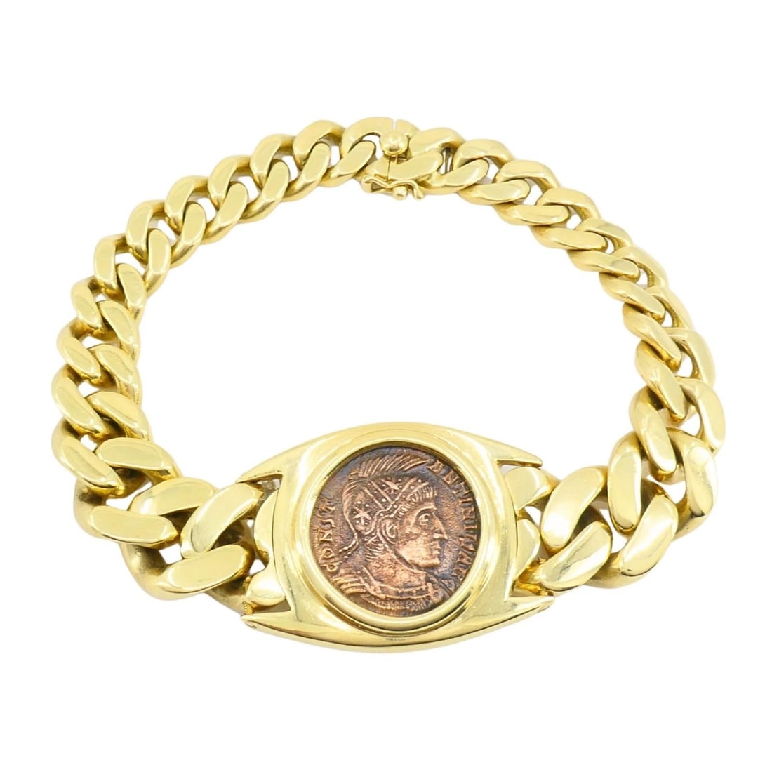 VINTAGE BVLGARI 18K GOLD MONETE BRONZE ANCIENT COIN CURBLINK BULGARI BRACELET (1 of 2)