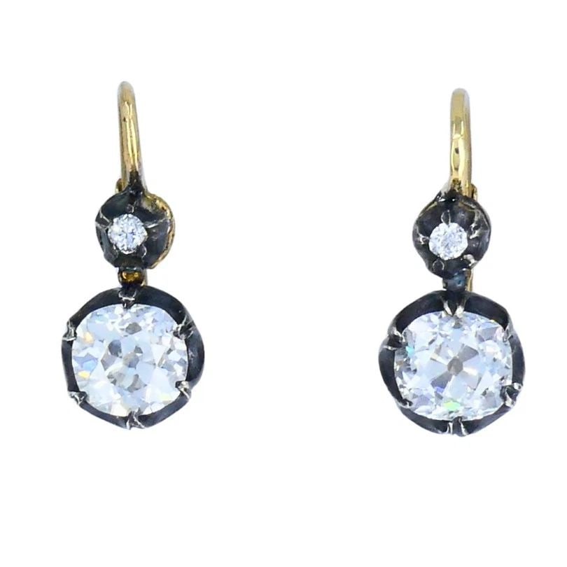 VICTORIAN 14K GOLD SILVER TWO-STONE DIAMOND EARRINGS OLD MINE CUT ANTIQUE (1 of 2)