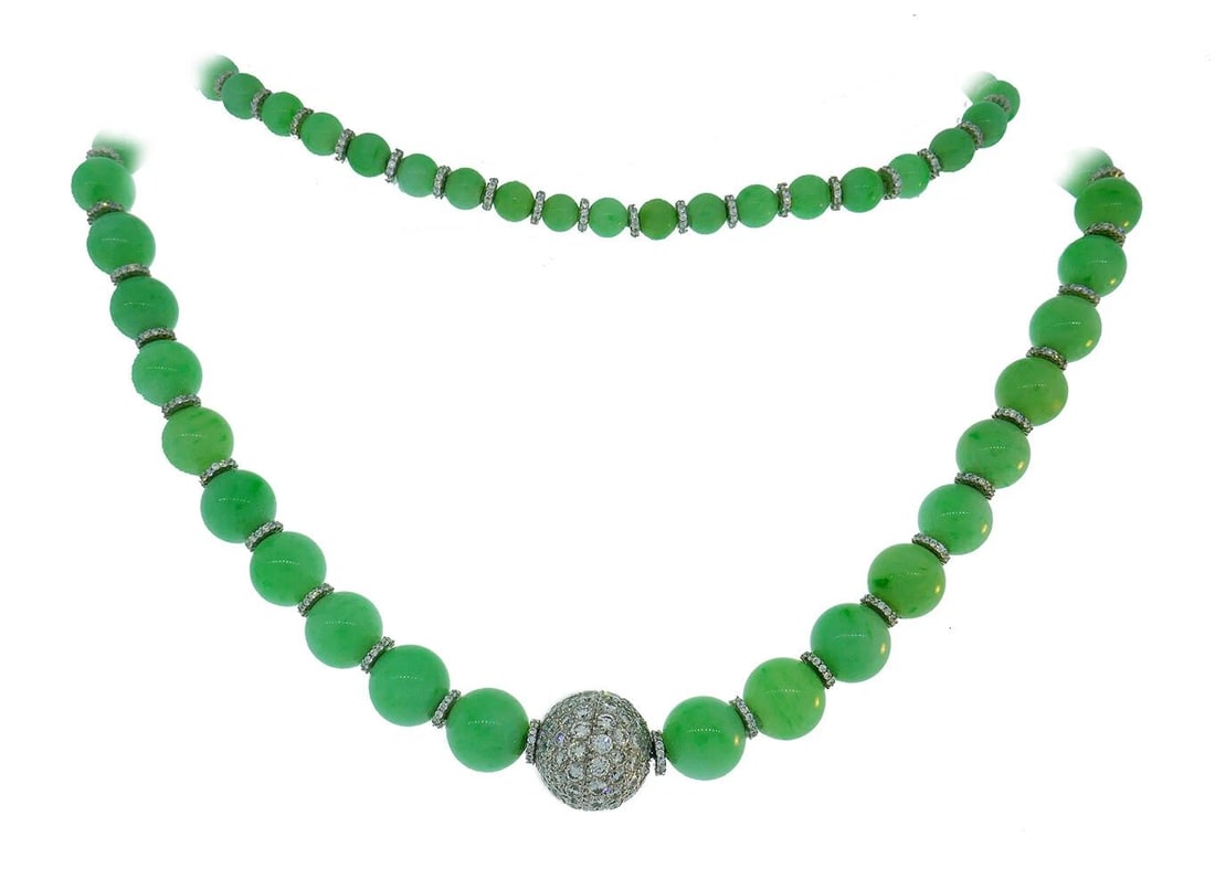 VINTAGE JADE BEAD NECKLACE WITH DIAMOND 14K WHITE GOLD RONDELLES AND CLASP (1 of 2)