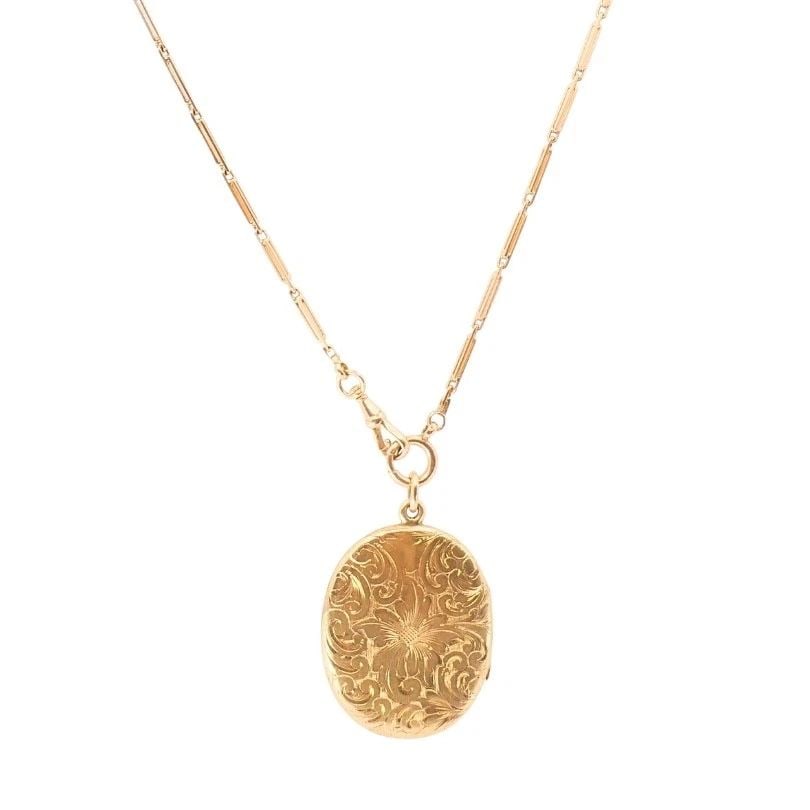 14K GOLD ENGRAVED LOCKET PENDANT GOLD ANTIQUE WATCH CHAIN (1 of 2)