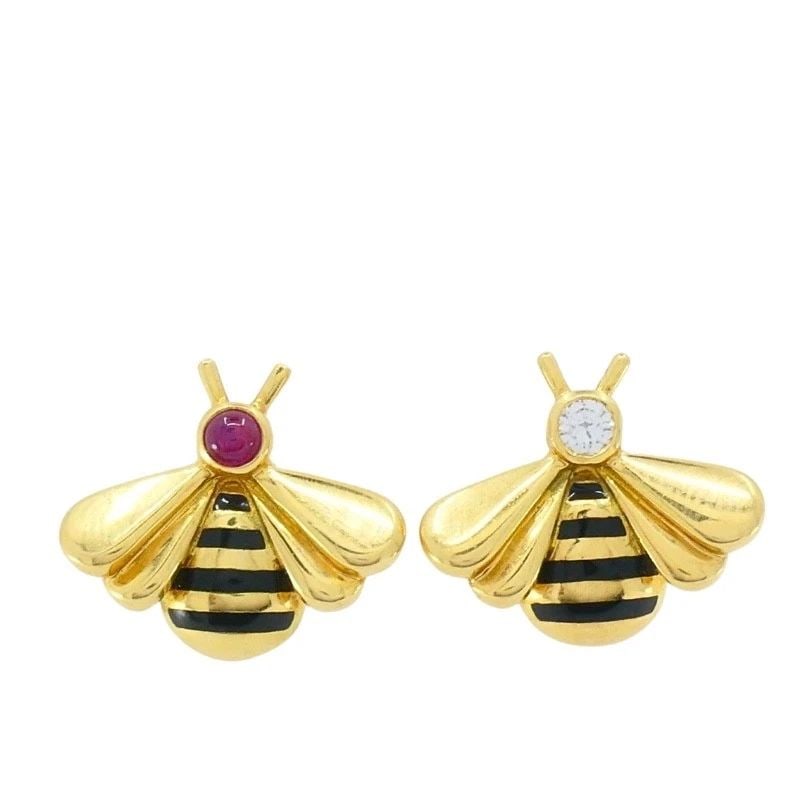 CARTIER 18K GOLD BEE STUD EARRINGS RUBY DIAMOND ACCENTS (1 of 2)