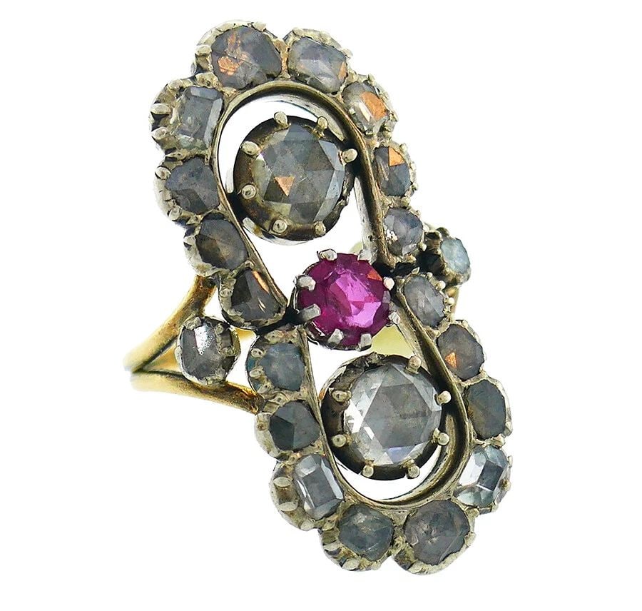 VICTORIAN FRENCH DIAMOND RING 18K GOLD SILVER RING ANTIQUE (1 of 2)