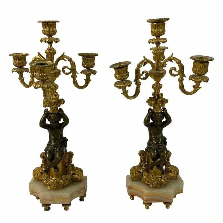 VICTORIAN BRONZE CHEROB PAIR OF CANDLESTICKS (1 of 2)