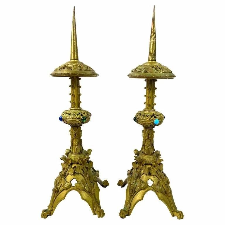 1930'S BRONZE AND GLASS PAIR OF CANDLESTICKS: 1930'S BRONZE AND GLASS PAIR OF CANDLESTICKS 1930'S BRONZE AND GLASS PAIR OF CANDLESTICKS The candlesticks are made out of bronze with glass imitating colored stones (purple, green, blue, turquoise),