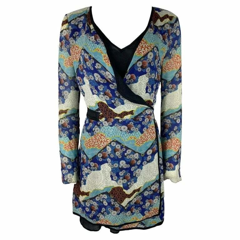 PROENZA SCHOULER BLACK AND MULTICOLORED WRAP ROUND MINI DRESS, SIZE 6 (1 of 2)