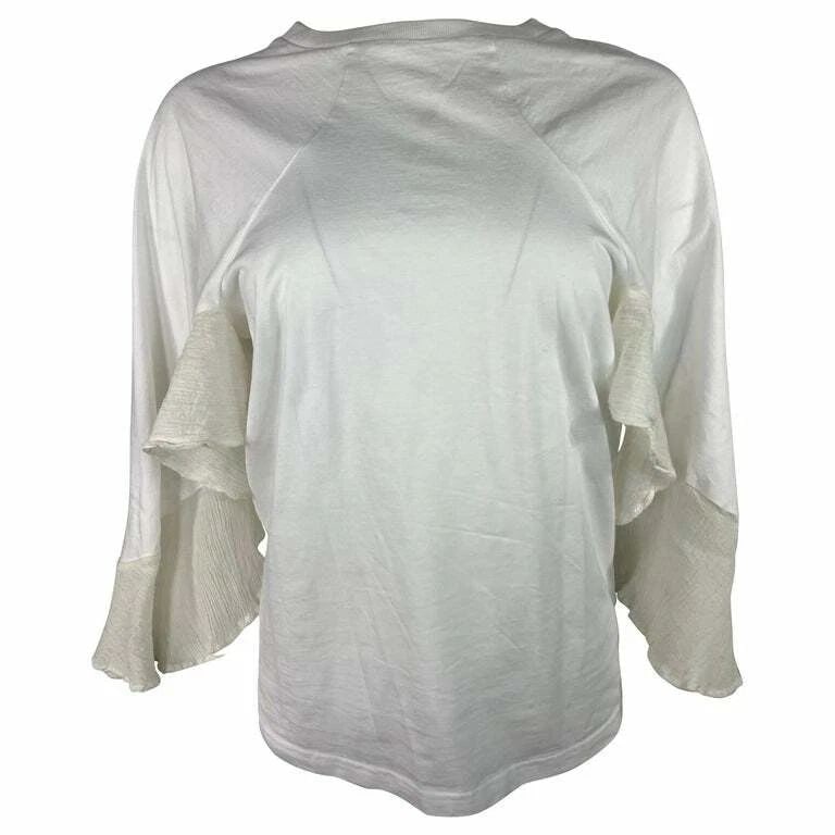 CHLOE WHITE COTTON TOP BLOUSE, SIZE MEDIUM: CHLOE WHITE COTTON TOP BLOUSE, SIZE MEDIUM CHLOE WHITE COTTON TOP BLOUSE, SIZE MEDIUM The top features cape style with flare sleeves with ruffled finish detail and crew neck line. Length: 25 in. (63.5