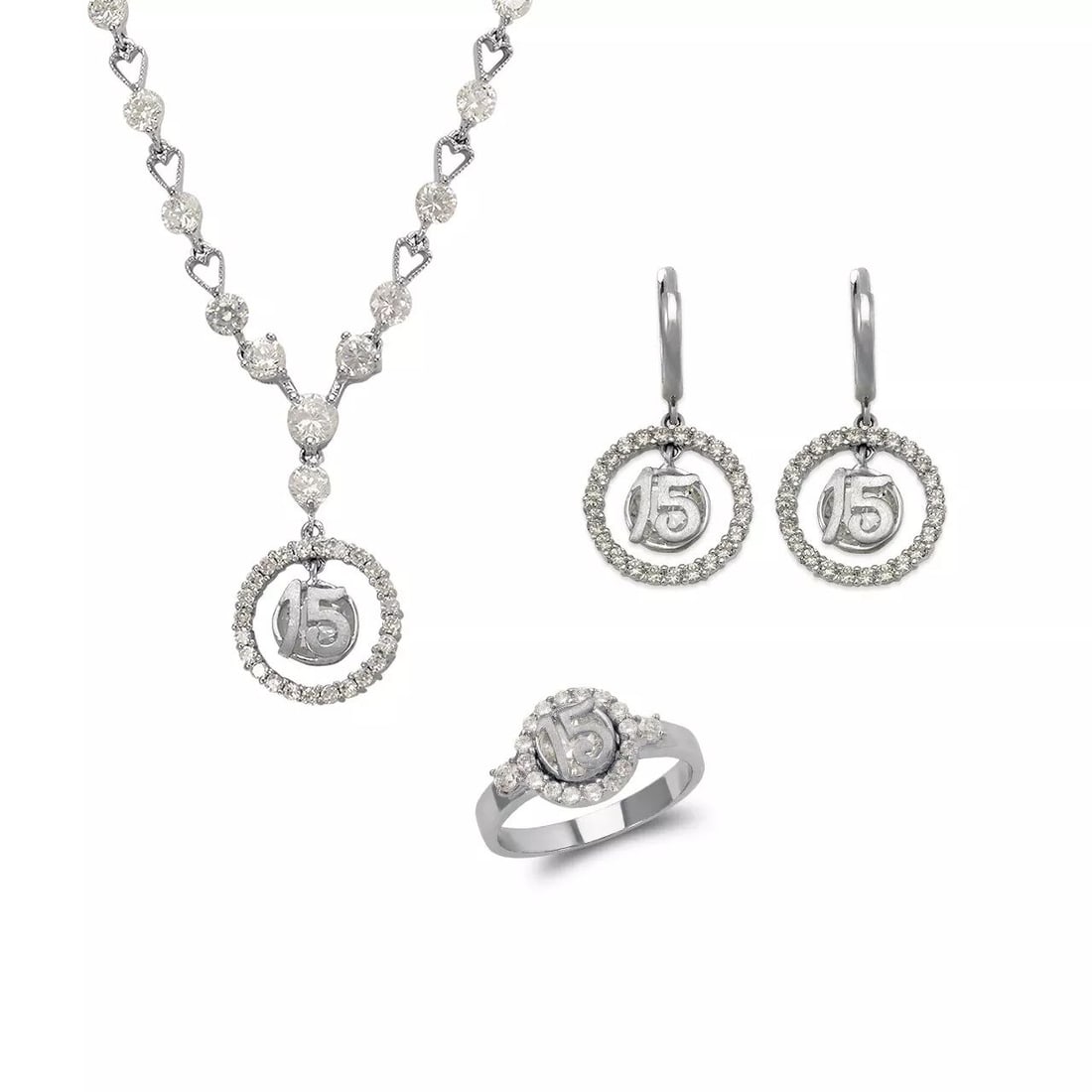 NEW 14K WHITE GOLD FANCY 15 ANOS SET BRACELET RING NECKLACE EARRINGS (1 of 2)