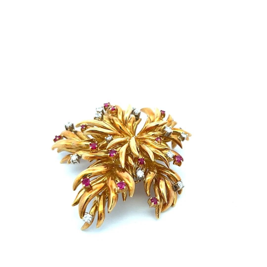 TIFFANY & CO 0.45 CARAT RUBY 0.42 CARAT ROUND DIAMOND 18K YG PIN BROOCH (1 of 2)