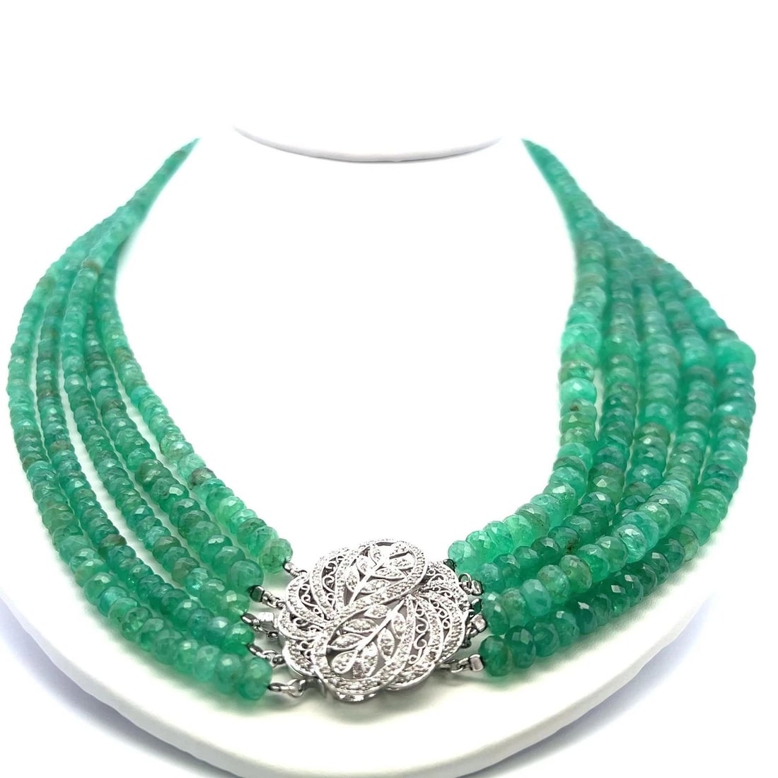 3.6–10.04MM EMERALD STRAND NECKLACE WITH 0.70CT DIAMOND IN 14K WHITE GOLD (1 of 2)