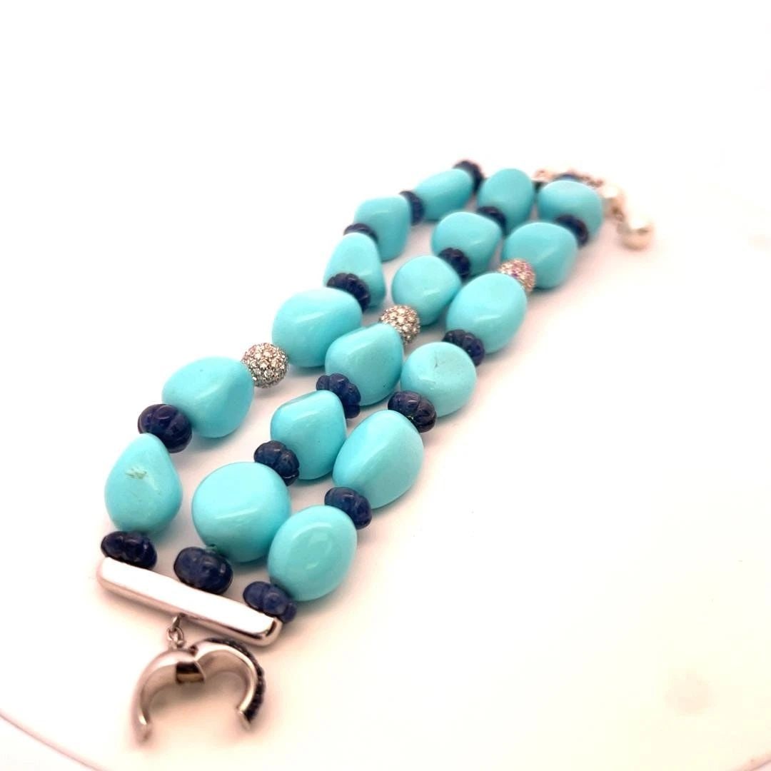 2.10 CARAT SAPPHIRE 1.35 CARAT DIAMOND TURQUOISE AND PEARL 18K WG LINK BRACELET (1 of 2)
