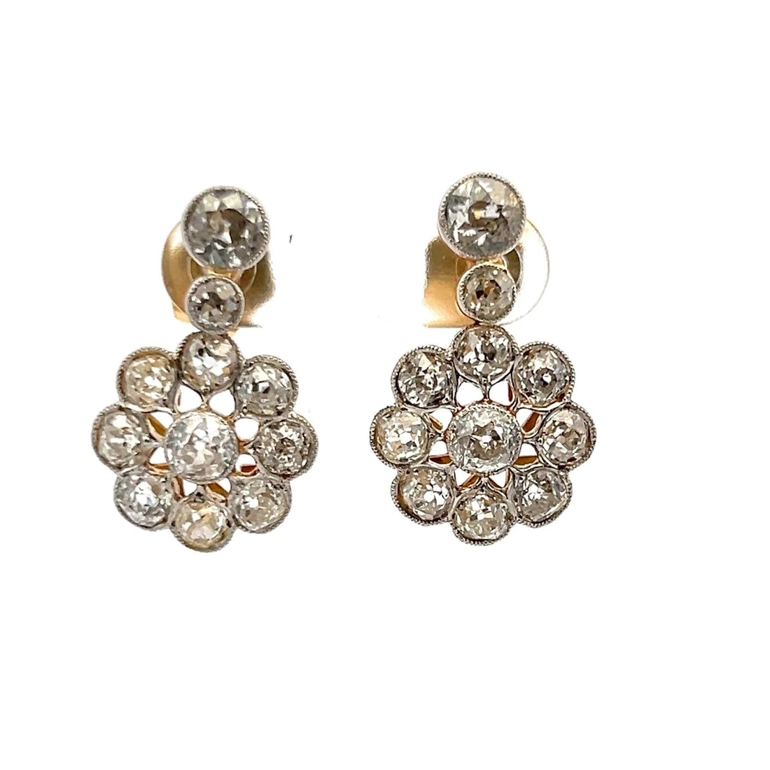 5.00 CARAT OLD EUROPEAN CUT DIAMOND 18K TWO TONE GOLD/PLATINUM CLUSTER EARRINGS (1 of 2)
