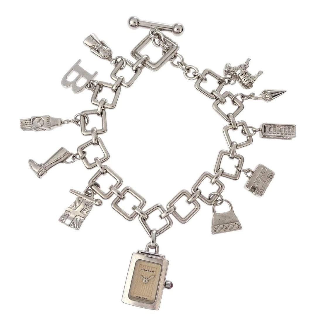BURBERRY REF.BU5200 SIGNATURE CHARM BRACELET WATCH QUARTZ SV925: BURBERRY REF.BU5200 SIGNATURE CHARM BRACELET WATCH QUARTZ SV925 DESCRIPTION Case: AB : FAIR CONDITION!! Scuff and scratched. Band: A : GOOD CONDITION!! Minor scuff. Other: - S : New or new without a t