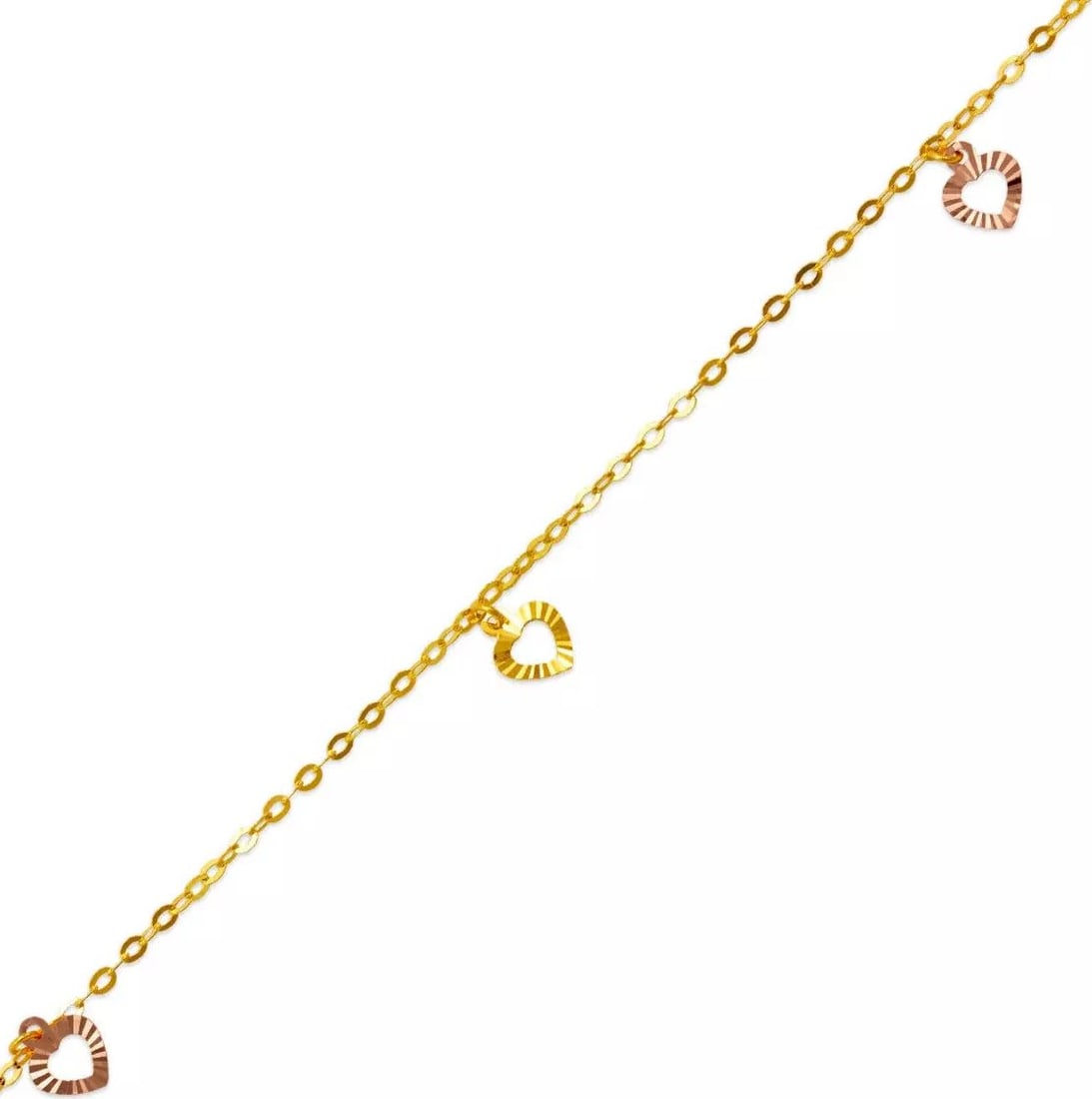 NEW 14K TRI COLOR GOLD HEART CHARM ANKLET 14K Tri color Gold Approx. 2.0mm Bracelet, 10mm Charms: NEW 14K TRI COLOR GOLD HEART CHARM ANKLET 14K Tri color Gold Approx. 2.0mm Bracelet, 10mm Charms High Polished Lobster Lock Weight: 2.2 Grams