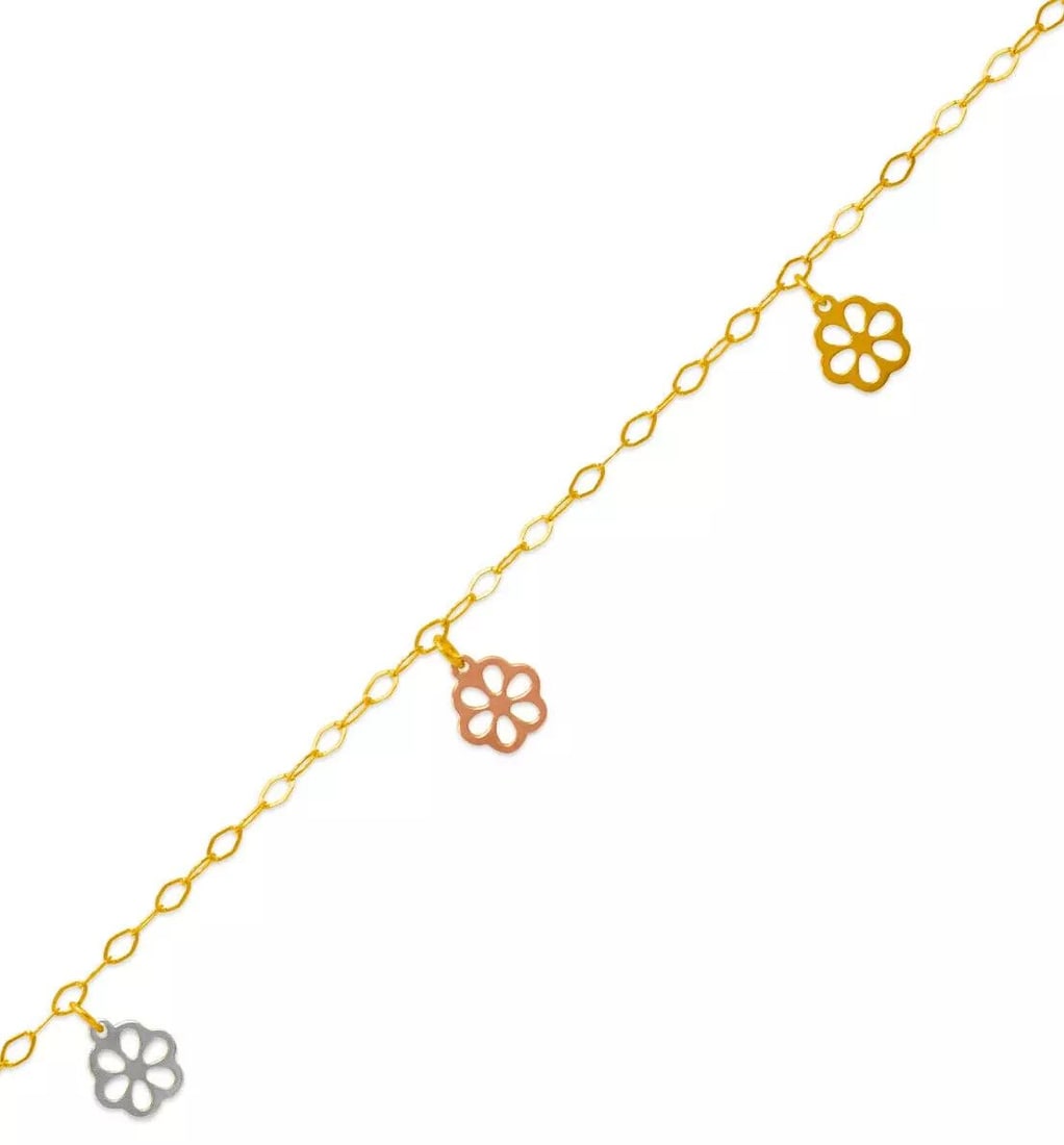 NEW 14K TRI COLOR GOLD CHARM ANKLET 14K Tri color Gold Approx. 2.5mm Link Approx. 9mm Charm High: NEW 14K TRI COLOR GOLD CHARM ANKLET 14K Tri color Gold Approx. 2.5mm Link Approx. 9mm Charm High Polished Lobster Lock Weight: 2.1 Grams