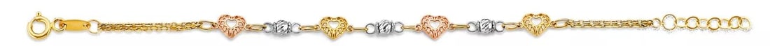 NEW 14K TRI COLOR GOLD HEART BABY BRACELET: NEW 14K TRI COLOR GOLD HEART BABY BRACELET 14K TRI COLOR GOLD NEW HEART BABY BRACELET WEIGHT: 2 g