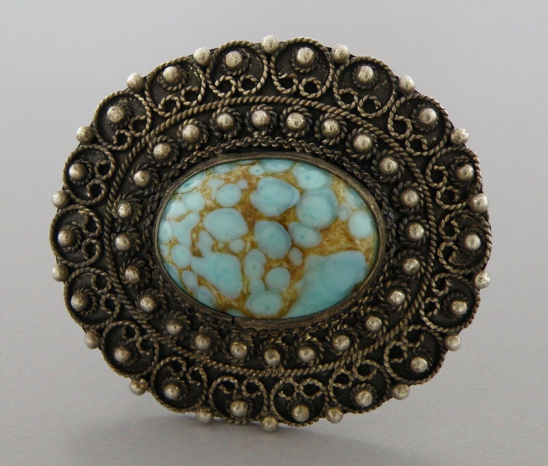 VINTAGE 1000 FINE SILVER TURQUOISE FILIGREE BROOCH / PIN HAND MADE (1 of 2)