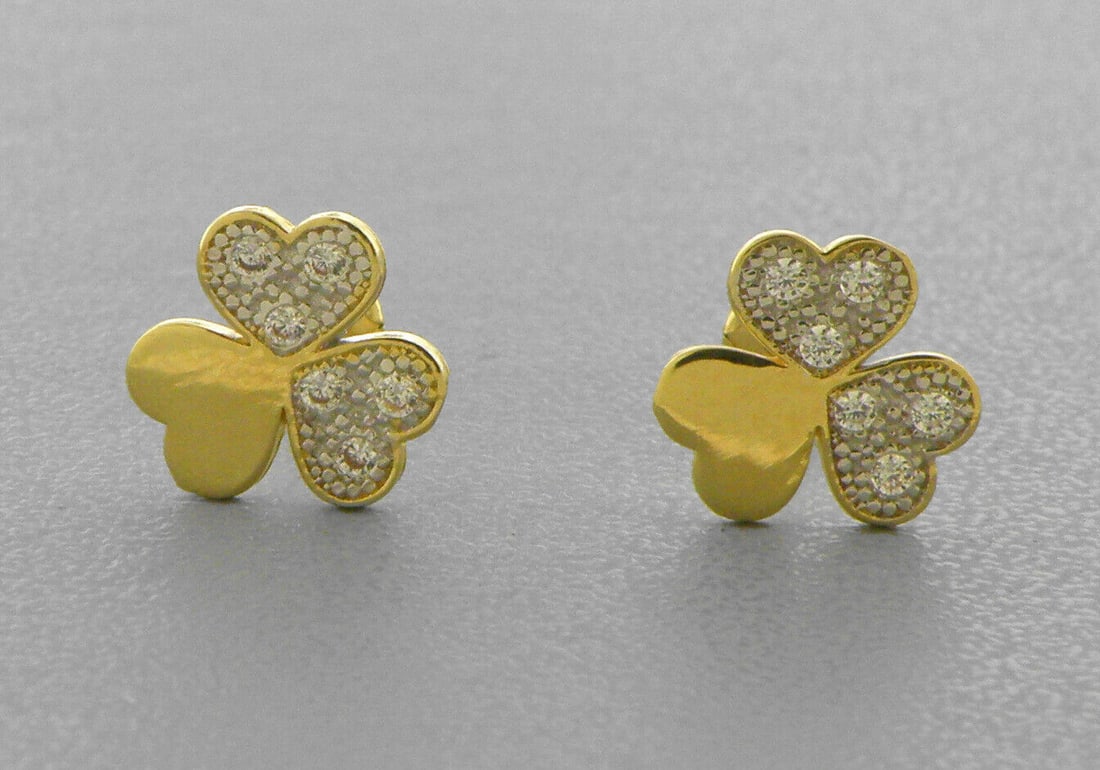 14K YELLOW GOLD STUD CZ EARRINGS SCREW BACK CLOVER (1 of 2)