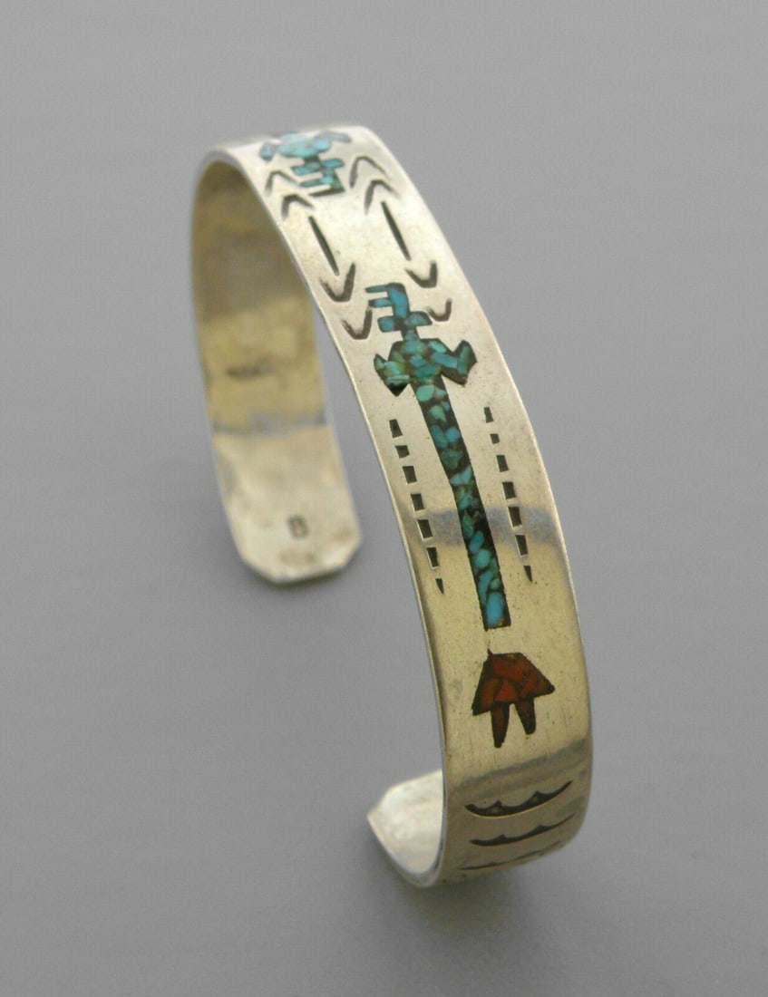 VINTAGE NAVAJO STERLING CORAL TURQUOISE INLAY CUFF (1 of 2)