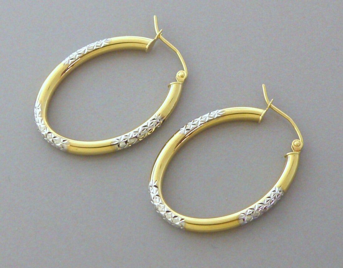 NEW 14K TWO TONE GOLD OVAL HOOP TUBE EARRINGS 3mm (1 of 2)