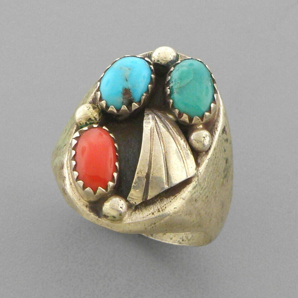 VINTAGE BEAUTIFUL NAVAJO SILVER TURQUOISE CORAL RING (1 of 2)