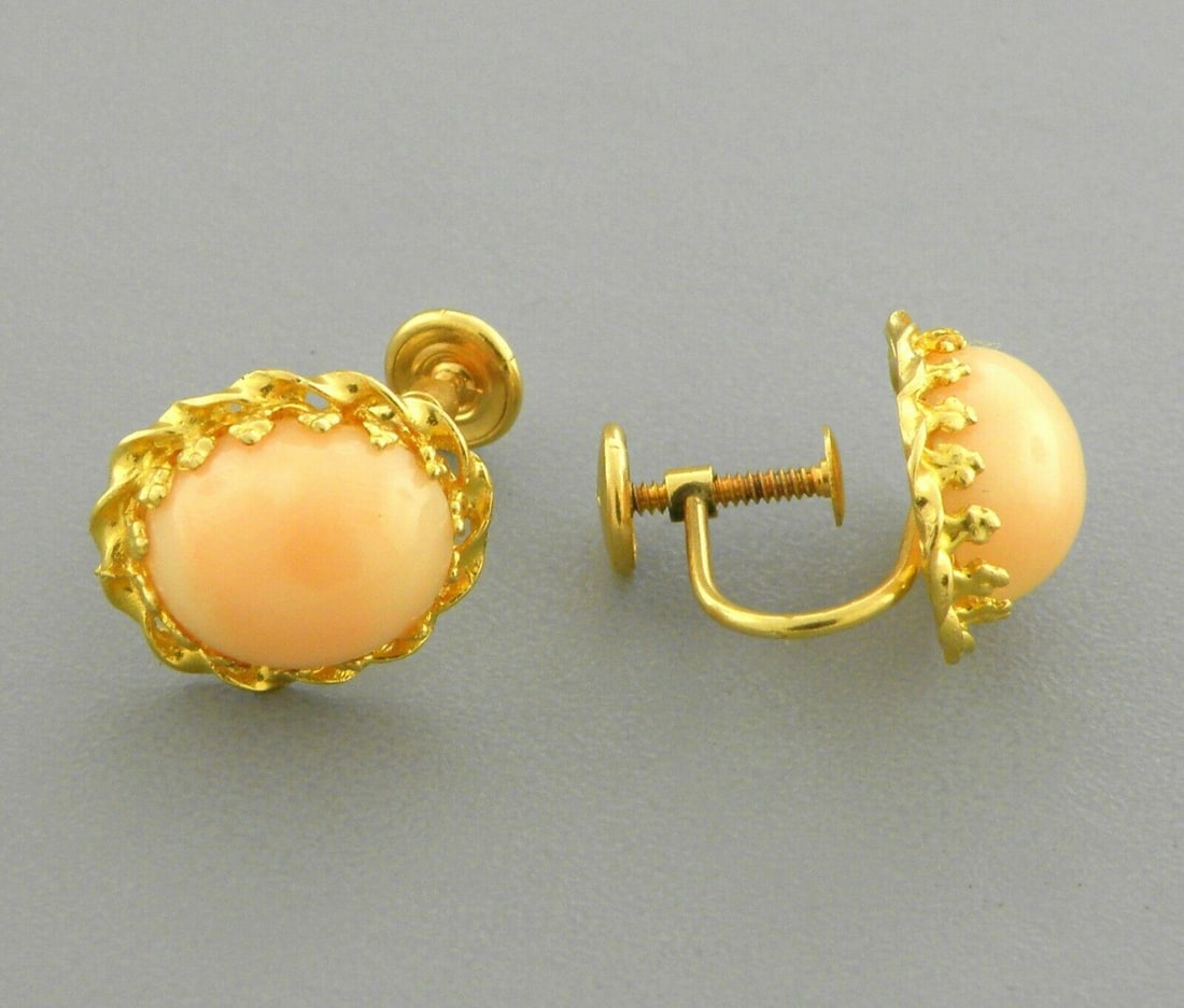 14K YELLOW GOLD LADIES PINK CORAL SCREW BACK EARRINGS (1 of 2)
