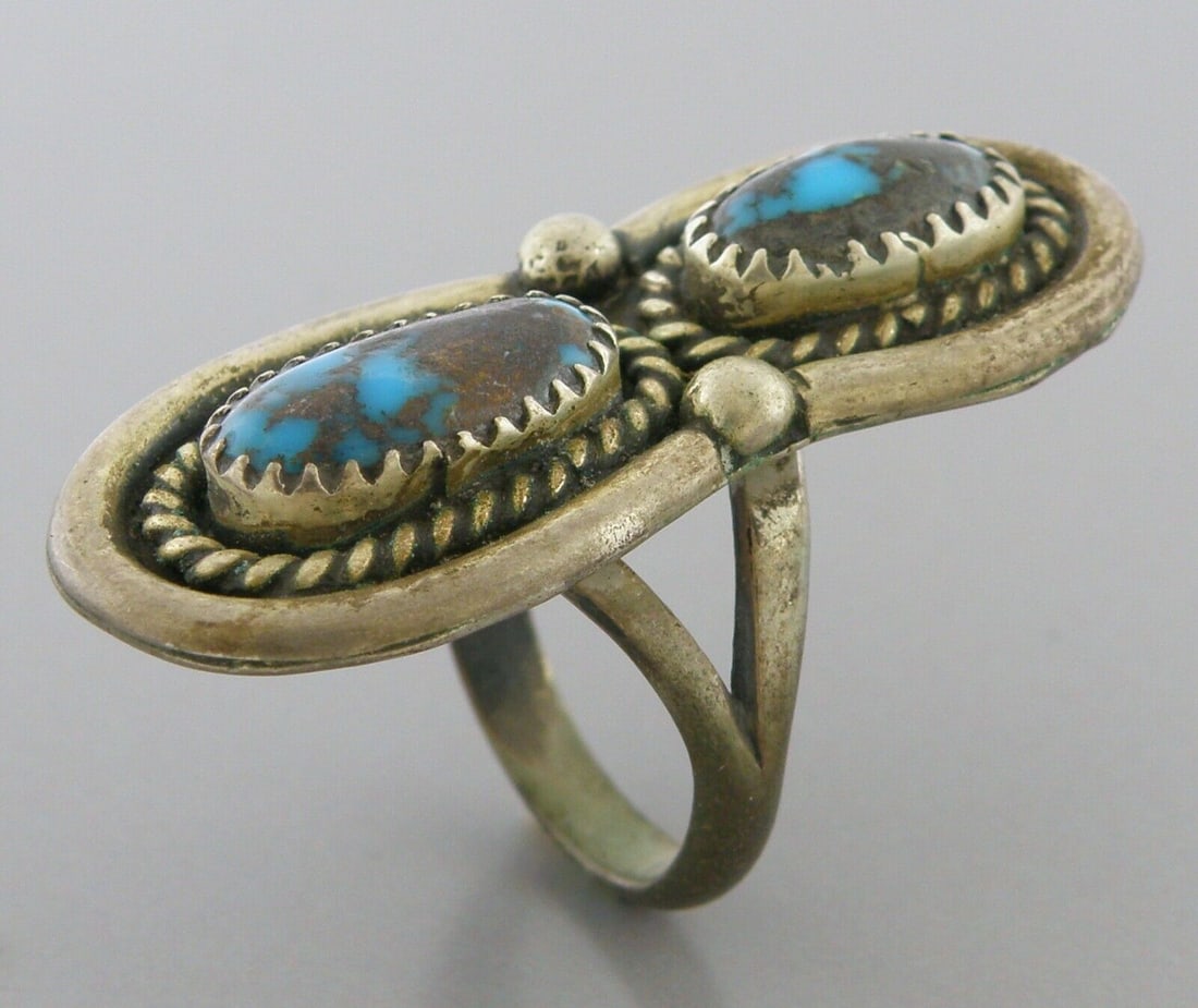 VINTAGE BEAUTIFUL NAVAJO STERLING SILVER DOUBLE TURQUOISE RING SIZE 5 (1 of 2)