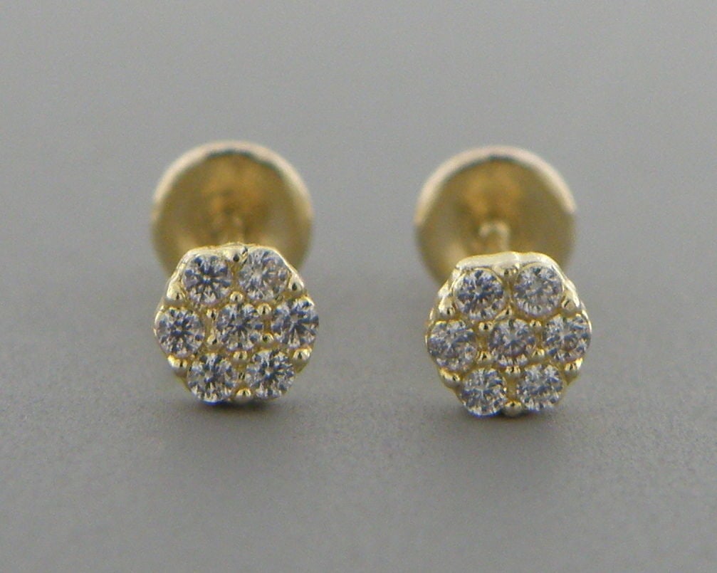 NEW 14K YELLOW GOLD CZ BABY STUD CLUSTER FLOWER EARRING (1 of 2)