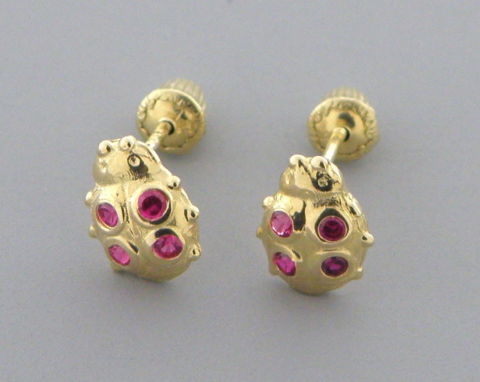 NEW 14K Y/ GOLD CZ BABY GIRLS STUD RED LADYBUG EARRINGS (1 of 2)