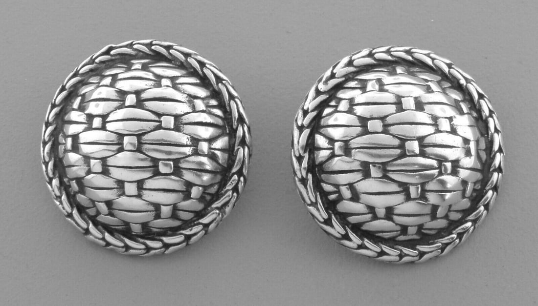 JOHN HARDY STERLING SILVER LARGE BASKET WEAVE EARRINGS: JOHN HARDY STERLING SILVER EARRINGS Earrings measure 1.14" in diameter Sterling silver large door knocker, basket weave earrings Pre-owned in good condition, please refer to pics Clip on Backs Stamped