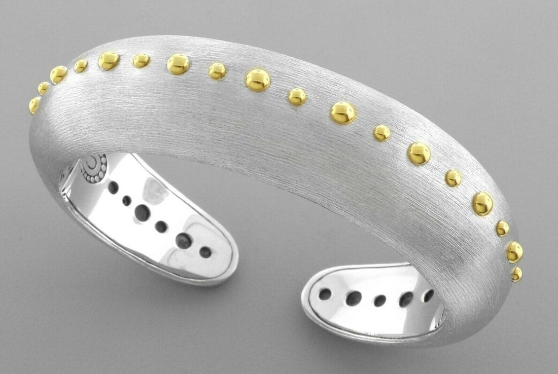 NEW JOHN HARDY 18K GOLD SILVER HINGED WIDE DOT CUFF LRG: JOHN HARDY 18K GOLD STERLING SILVER CUFFCuff will fit upto 7.75" wrist Width is 0.78" at the widestNew with tag John Hardy 18k yellow gold brushed Sterling silver hinged wide cuff bangle Stamped JH 92