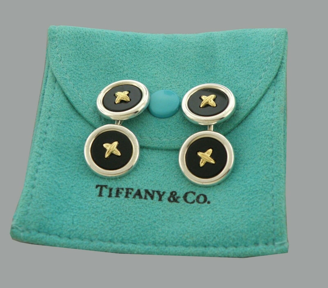 TIFFANY & CO. 18K GOLD STERLING ONYX BUTTON CUFFLINKS (1 of 2)