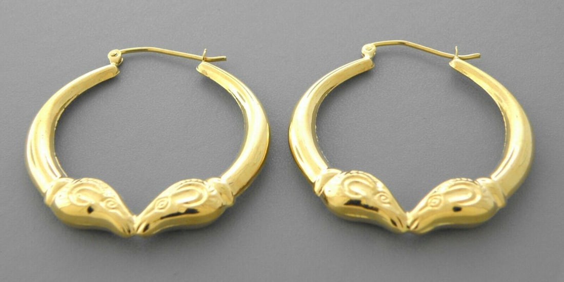 14K YELLOW GOLD LADIES HOLLOW SHRIMP HOOP EARRINGS RAM (1 of 2)