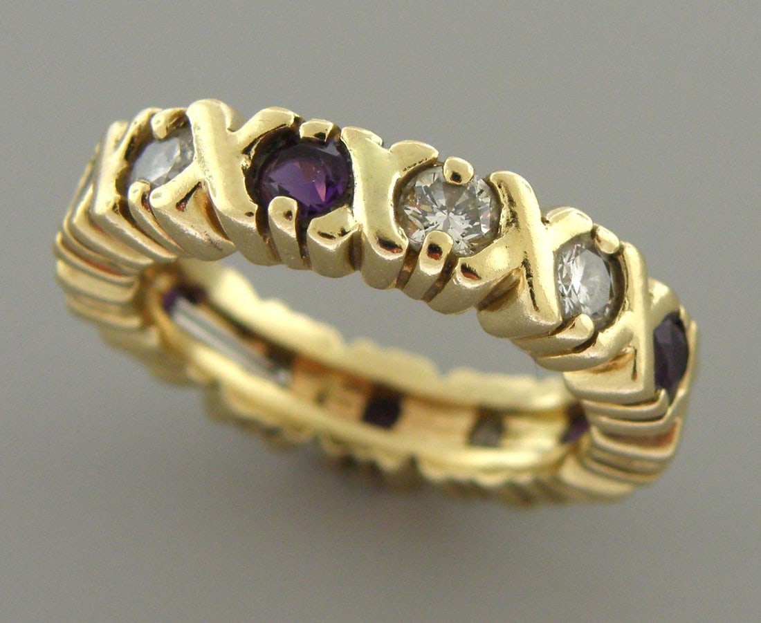 VINTAGE 14K Y/ GOLD DIAMOND AMETHYST RING WEDDING BAND (1 of 2)