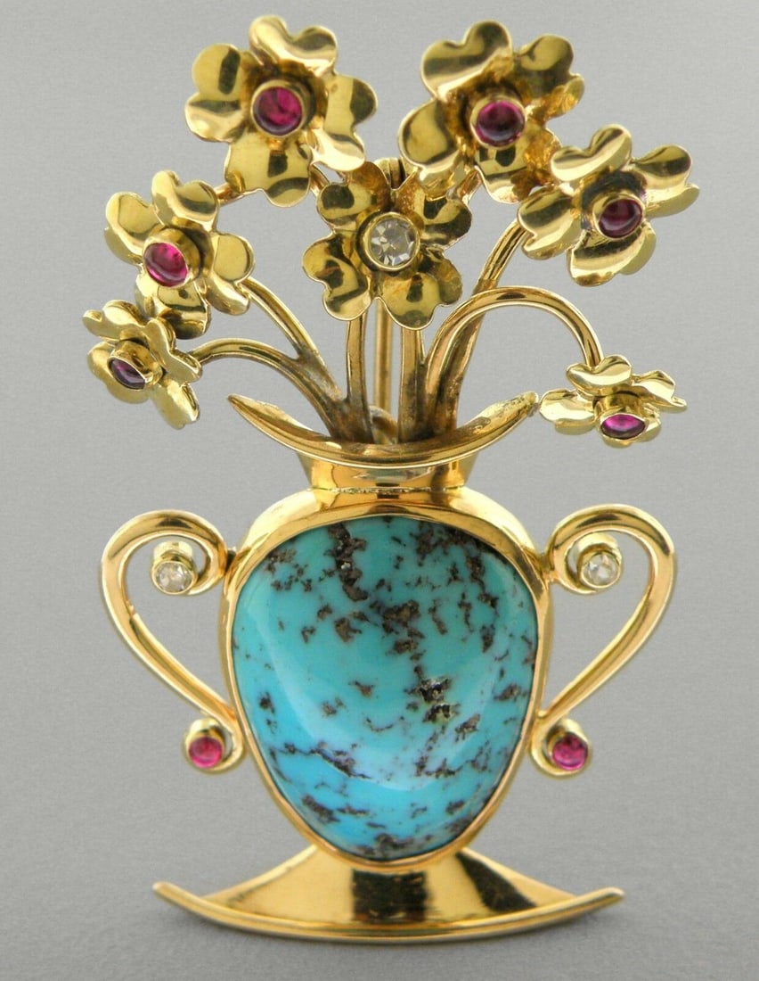 VINTAGE 14K YELLOW GOLD DIAMOND TURQUOISE RUBIES BROOCH (1 of 2)