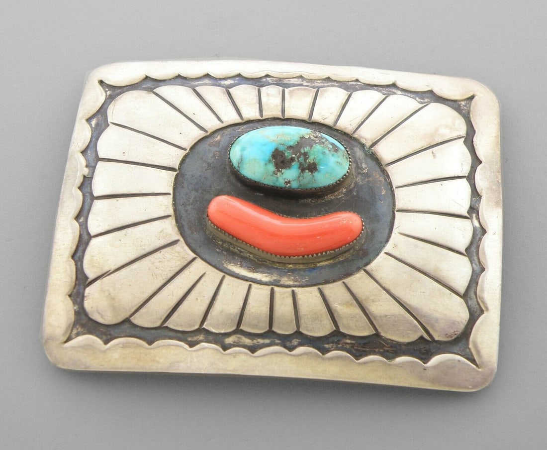 VINTAGE NAVAJO SILVER CORAL TURQUOISE BELT BUCKLE (1 of 2)