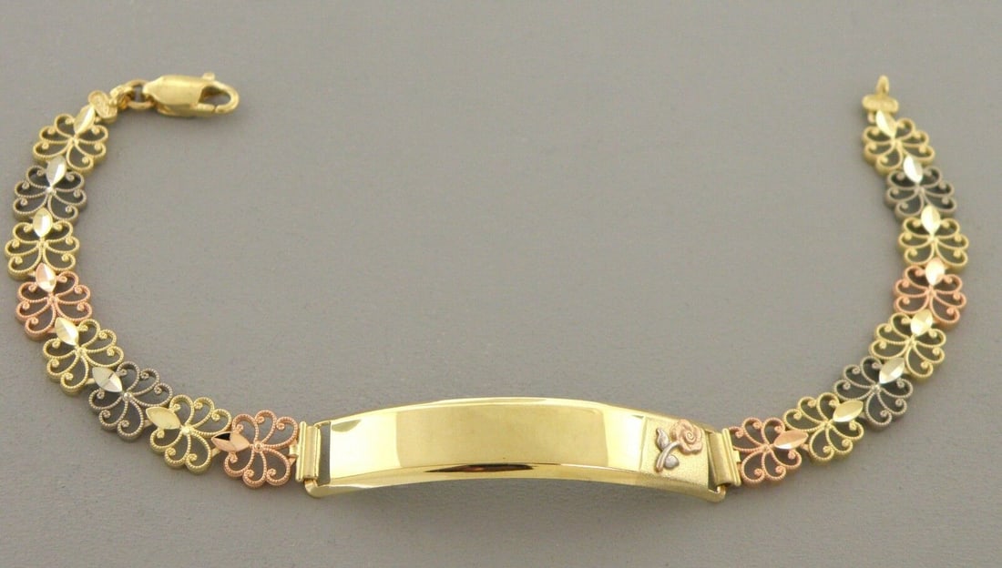 NEW 14K TRI COLOR GOLD LADIES FLOWER ID BRACELET (1 of 2)