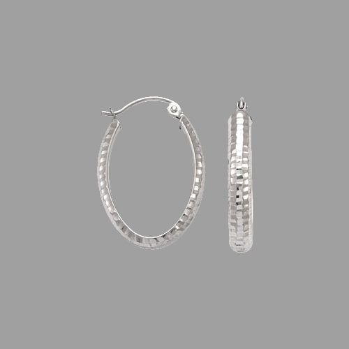 14K WHITE GOLD 3.5mm OVAL HAMMERED TUBE HOOP EARRINGS: 14K White Gold Approx. 3.5mm Wide 24MM Diamond Cut / Hammered cut Clasp Backing 1.7g
