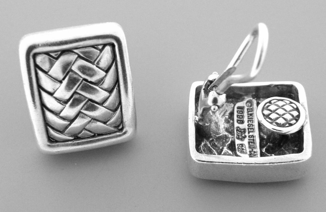 KIESELSTEIN CORD STERLING BASKET WEAVE CLIP ON EARRINGS: Earrings measure 0.73" H x 0.63" W Sterling silver, with basket weave design Earrings are pre-owned, in good condition, minor wear, please refer to pictures Stamped KIESELSTEIN 1996 MOON STAR 925 Tota
