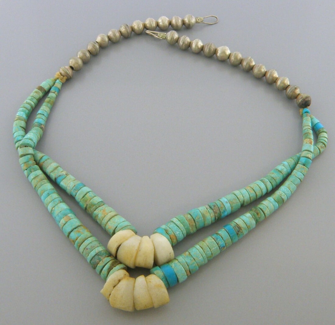 VINTAGE NAVAJO STERLING SILVER DOUBLE STRAND ROYSTON TURQUOISE NECKLACE (1 of 2)