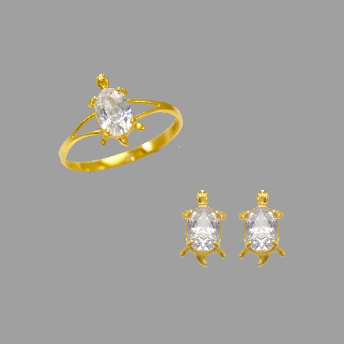 14K YELLOW GOLD BABY RING EARRINGS SET TURTLE: 14K Yellow Gold with CZ Baby set Turtle design Approx. 8mm Center, 2mm Band Ring Approx. 6x8mm Earrings High Polish/Cubic Zirconia 2g