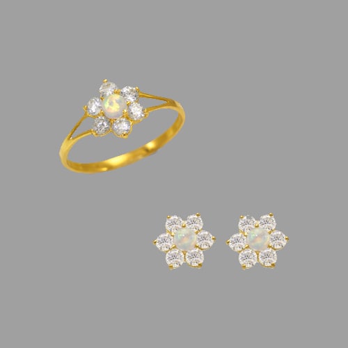 14K YELLOW GOLD BABY FLOWER EARRINGS AND RING SET: NEW 14K Yellow Gold Approx. 7mm Center, 2mm Band Ring Approx. 7x7mm Earrings High Polish/Cubic Zirconia 1.9g