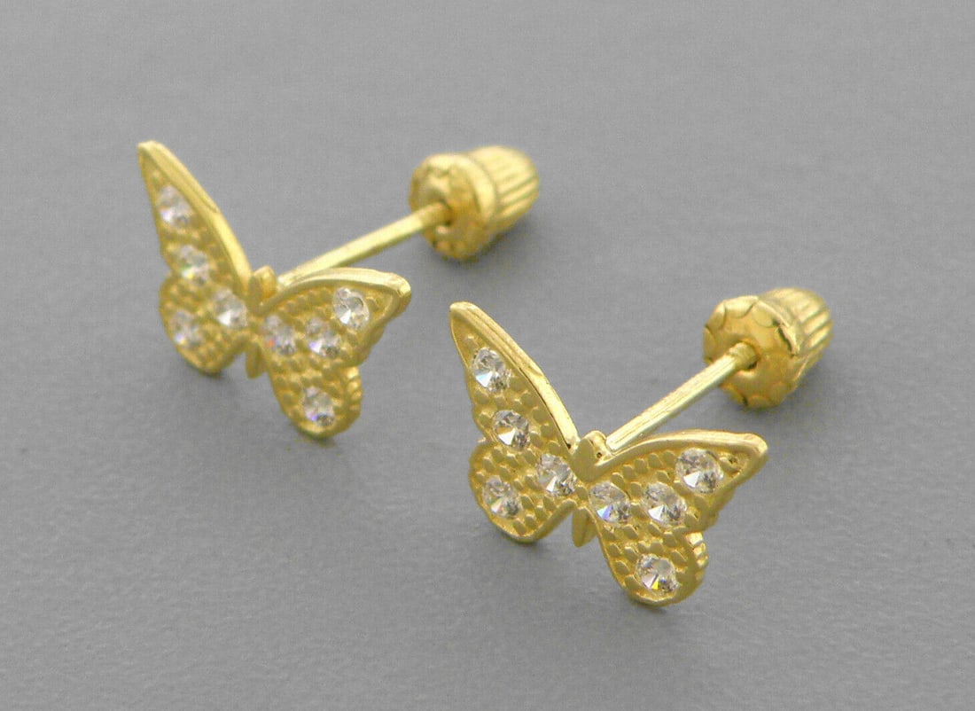 NEW 14K GOLD CZ GIRLS BABY STUD PAVE BUTTERFLY EARRINGS (1 of 2)