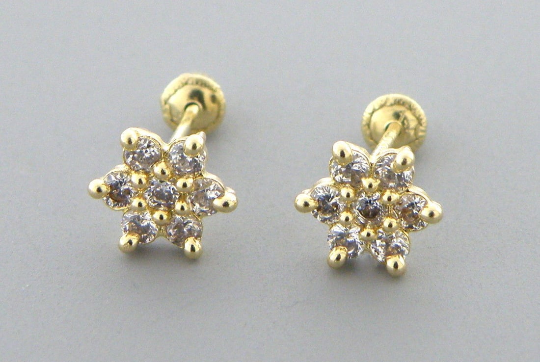 NEW 14K Y/ GOLD CZ GIRL BABY STUD STAR FLOWER EARRINGS (1 of 2)